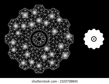 Constellation mesh gearwheel web icon with glossy spots. Illuminated constellation created using gearwheel vector icon. Flare carcass web polygonal gearwheel, on a black background.