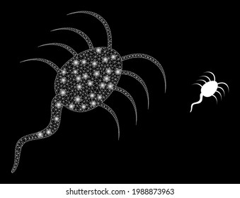 Constellation mesh infection microbe with lightspots. Vector carcass based on infection microbe icon. Constellation carcass mesh infection microbe on a black background.