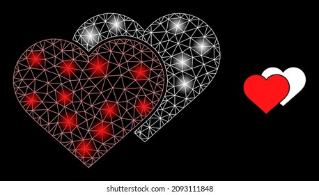 Constellation mesh love shadow web icon with illuminated spots. Illuminated constellation is created from love shadow vector icon. Sparkle carcass web polygonal love shadow, on a black background.