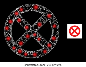 Constellation mesh net banned icon with glossy spots. Illuminated constellation generated using banned vector icon and intersected lines. Flare frame banned, on a black background.
