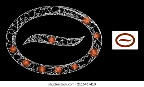 Constellation mesh net coffee bean icon with illuminated spots. Illuminated constellation created from coffee bean vector icon and crossing lines. Illuminated frame coffee bean, on a black background.