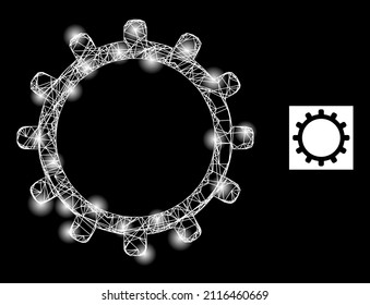 Constellation mesh net cog icon with illuminated spots. Illuminated constellation is created from cog vector icon and crossed lines. Illuminated carcass cog, on a black background.