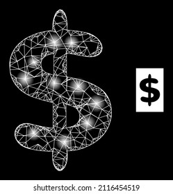 Constellation mesh net dollar currency icon with glossy spots. Illuminated constellation is generated using dollar currency vector icon and crossed lines. Illuminated frame dollar currency,