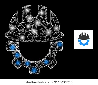 Constellation mesh net engineering icon with bright light spots. Illuminated model is generated using engineering vector icon and crossed lines. Constellation frame engineering, on a black background.