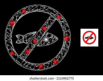 Constellation mesh net forbidden fish icon with flare light spots. Illuminated constellation is created from forbidden fish vector icon and intersected lines. Flare frame forbidden fish,
