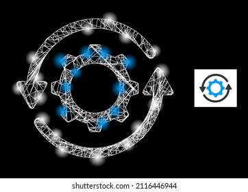Constellation mesh net gear rotation icon with glowing spots. Illuminated constellation created using gear rotation vector icon and crossed lines. Illuminated carcass gear rotation,