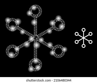 Constellation mesh net links web icon with glossy spots. Illuminated constellation is generated using net links vector icon. Illuminated frame web polygonal net links, on a black background.