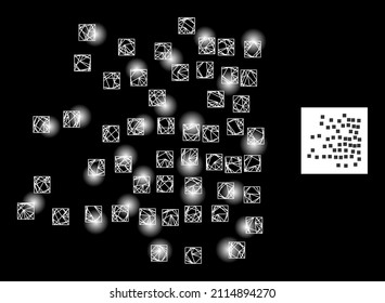 Constellation mesh net scattered square particles icon with glowing light spots. Illuminated constellation done using scattered square particles vector icon and crossing lines.