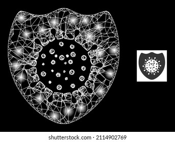 Constellation mesh net virus shield icon with illuminated spots. Illuminated model generated from virus shield vector icon and intersected lines. Illuminated carcass virus shield,