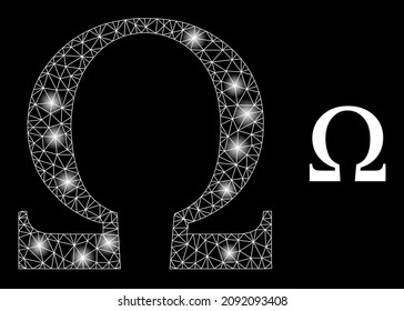 Constellation mesh Omega Greek letter web icon with illuminated spots. Illuminated constellation done using Omega Greek letter vector icon. Bright frame web polygonal Omega Greek letter,