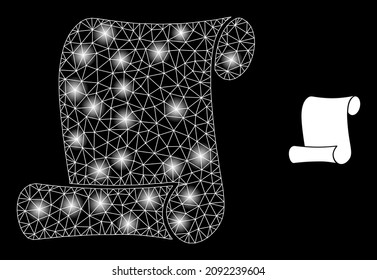 Constellation mesh paper roll web icon with bright light spots. Illuminated constellation is created using paper roll vector icon. Constellation carcass web polygonal paper roll,