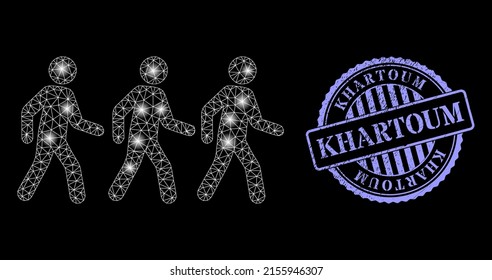 Constellation mesh pedestrian people with glowing spots, and Khartoum blue round grunge stamp seal. Vector carcass based on pedestrian people icon. Bright carcass polygonal pedestrian people.