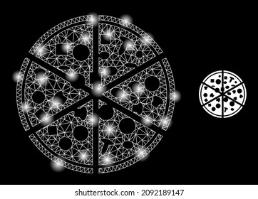 Constellation mesh pizza portions web icon with glitter light spots. Illuminated constellation is created from pizza portions vector icon. Constellation frame web polygonal pizza portions,