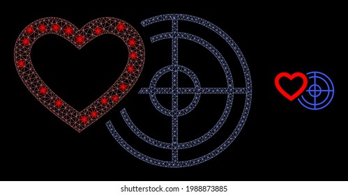 Constellation mesh romantic heart target with lightspots. Vector model based on romantic heart target icon. Constellation carcass mesh romantic heart target on a black background.