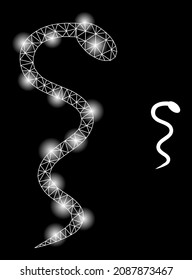 Constellation mesh snake web icon with illuminated light spots. Illuminated constellation is done from snake vector icon. Illuminated carcass web polygonal snake, on a black background.