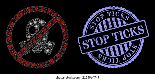 La malla de la constelación detiene la máscara de gas con manchas de luz, y Stop Ticks la imitación de sello sucio redondo azul. Marco vectorial creado a partir del icono parado de máscara de gas. Máscara de paro poligonal con marco brillante.