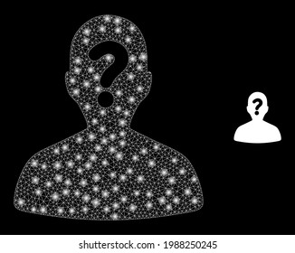 Constellation mesh unknown body with glowing spots. Vector constellation based on unknown body icon. Glossy carcass mesh unknown body on a black background.