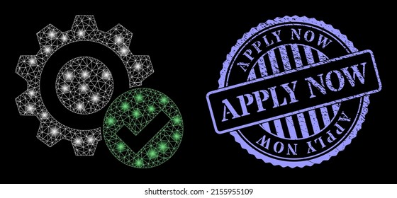 Constellation mesh valid gear with glowing spots, and Apply Now blue round rubber stamp. Vector grid generated from valid gear icon. Constellation frame polygonal valid gear.