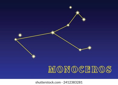 Constellation Monoceros. Illustration of the constellation Unicorn. Equatorial constellation. Contains 146 stars