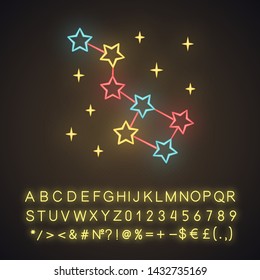 Constellation neon light icon. Group of stars. Big dipper. Ursa Major. Starry night sky. Stars joined together by lines. Glowing sign with alphabet, numbers and symbols. Vector isolated illustration