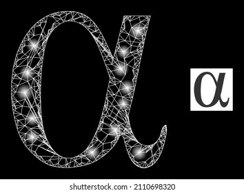 Constellation net Alpha Greek lowercase letter icon with magic spots. Illuminated constellation done using Alpha Greek lowercase letter vector icon and crossed lines.