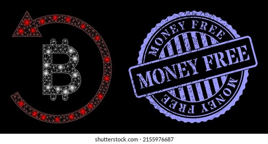 Constellation net bitcoin chargeback with light spots, and Money Free blue round unclean seal. Vector constellation based on bitcoin chargeback icon. Illuminated frame polygonal bitcoin chargeback.