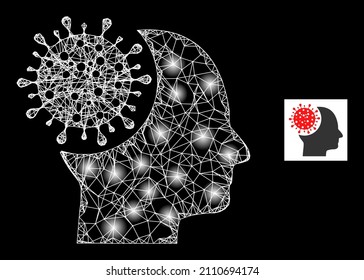 Constellation net brain virus icon with glossy light spots. Illuminated constellation done using brain virus vector icon and crossed lines. Constellation carcass brain virus, on a black background.