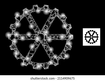 Icono de la rueda del reloj de la red de constelación con manchas luminosas. Modelo iluminado hecho a partir del icono del vector de la rueda del reloj y líneas interseccionadas. Rueda de reloj de canal iluminada, sobre fondo negro.