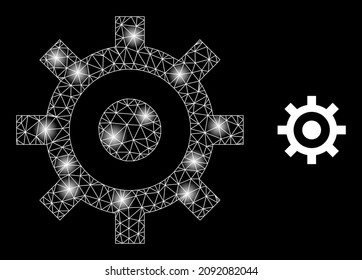 Constellation net cog web icon with flare spots. Illuminated model generated using cog vector icon. Illuminated frame web polygonal cog, on a black background.