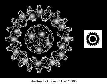 Constellation net cogwheel icon with bright spots. Illuminated constellation done using cogwheel vector icon and intersected lines. Illuminated frame cogwheel, on a black background.