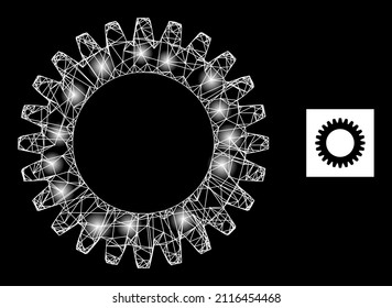 Constellation net cogwheel icon with illuminated light spots. Illuminated model is generated using cogwheel vector icon and intersected lines. Sparkle frame cogwheel, on a black background.