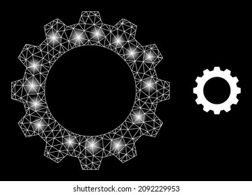 Constellation net cogwheel web icon with illuminated spots. Illuminated model generated using cogwheel vector icon. Illuminated frame web polygonal cogwheel, on a black background.