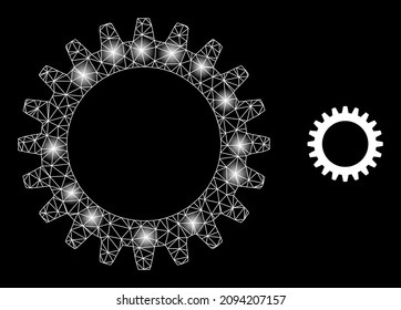 Constellation net cogwheel web icon with glitter light spots. Illuminated model created from cogwheel vector icon. Illuminated carcass web polygonal cogwheel, on a black background.