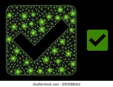 Constellation net confirm checkbox web icon with bright spots. Illuminated constellation created using confirm checkbox vector icon. Bright carcass web polygonal confirm checkbox,