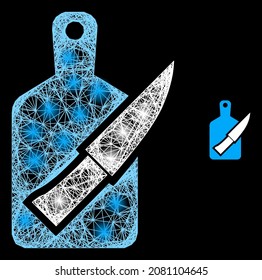 Tablero de corte de red de constelación y cuchillo con manchas de luz sobre un fondo negro. La estructura del vector de luz se basa en el tablero de corte y el icono del cuchillo, con red rayada y puntos de luz.