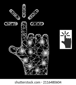 Constellation net finger click icon with bright spots. Illuminated constellation generated from finger click vector icon and crossing lines. Bright frame finger click, on a black background.