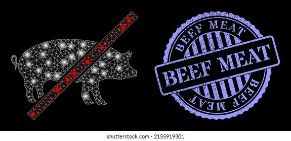 Constellation net forbidden pig with lightspots, and Beef Meat blue round rubber seal print. Vector carcass created from forbidden pig icon. Glossy carcass mesh forbidden pig.
