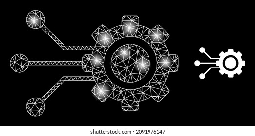 Constellation net gear connectors web icon with sparkle spots. Illuminated constellation created from gear connectors vector icon. Sparkle frame web polygonal gear connectors, on a black background.