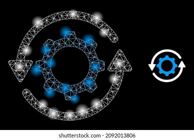 Icono de la barra de rotación de los engranajes netos de constelación con puntos iluminados. La constelación iluminada se genera a partir del icono vectorial de rotación del engranaje. Rotación de los engranajes poligonales de la coraza brillante,