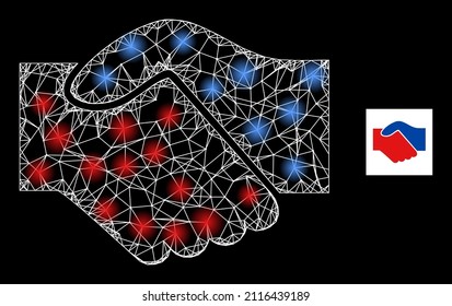 Constellation net handshake icon with magic spots. Illuminated model done using handshake vector icon and crossing lines. Constellation carcass handshake, on a black background.