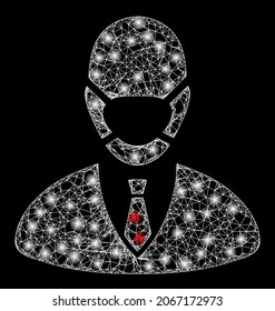 Constellation net manager mask with glowing spots. Vector carcass based on manager mask icon, and with crossed lines. Constellation carcass polygonal manager mask on a black background.