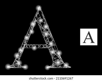 Constellation net mesh Alpha Greek letter icon with sparkle light spots. Illuminated constellation is generated using Alpha Greek letter vector icon and intersected lines.