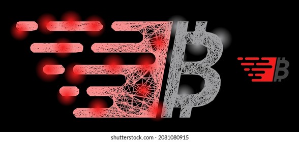 Konstellationsnetzbitze mit leuchtenden Flecken auf schwarzem Hintergrund. Illuminierte Vektorgitter, hergestellt aus Bitcoin-Symbol, mit Bruchnetz und Leuchtpunkten.