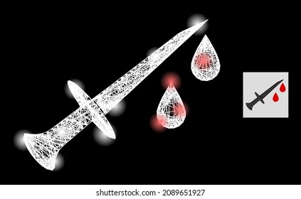 Constellation net mesh blood sword icon with glowing spots and white mesh on a black background. Light vector model is based on blood sword pictogram,