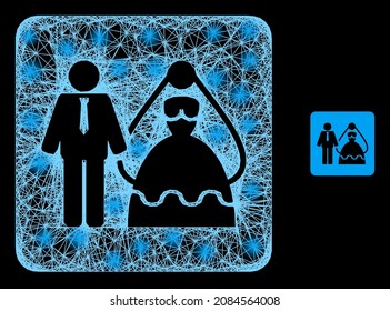 Constellation net mesh bride and groom with light spots on a black background. Illuminated vector model based on bride and groom picture, with hatched net and light spots.