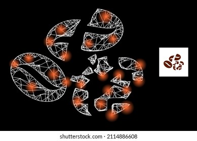 Constellation net mesh coffee bean crush icon with glitter spots. Illuminated constellation generated using coffee bean crush vector icon and crossing lines. Illuminated carcass coffee bean crush,