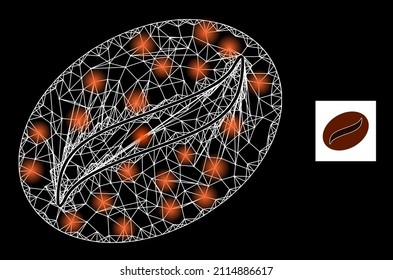 Constellation net mesh coffee seed icon with magic spots. Illuminated constellation is generated from coffee seed vector icon and crossing lines. Constellation frame coffee seed,
