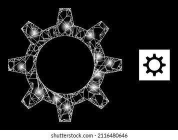 Constellation net mesh cogwheel icon with magic spots. Illuminated constellation done using cogwheel vector icon and crossing lines. Glowing frame cogwheel, on a black background.