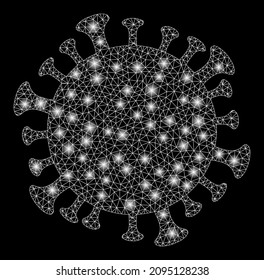 Constellation net mesh coronavirus cell icon with glowing spots on a black background. Bright vector structure based on coronavirus cell icon, with triangular mesh and scattered light spots.