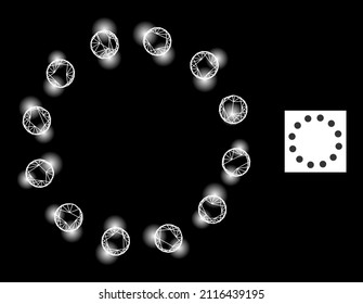 Constellation net mesh dotted circle perimeter icon with illuminated spots. Illuminated constellation generated from dotted circle perimeter vector icon and crossed lines.